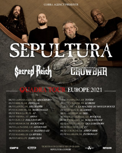 SEPULTURA Announces Fall 2021 European Tour With SACRED REICH And CROWBAR